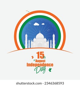 creative illustration for Indian independence day -15th august with Taj Mahal and circles, Tricolor Indian flag design and flying pigeon, republic day vector, freedom and peace, India 26 January