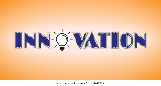 Creative illustration of innovation word lettering typography with light bulb isolated on orange background.Innovation technology concept.
