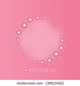 Creative illustration invitation card. Plum or cherry blossom with circle fame pink pastel color for postcard, gift, wedding, backdrop, wallpaper, banner, greeting card design. Digital paper cut style