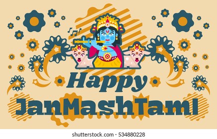 Creative illustration of an invitation to the celebration, banner, poster for the Indian festival of Janmashtami. Lord Krishna playing flute in jewelry. Goats animals. Flat style 