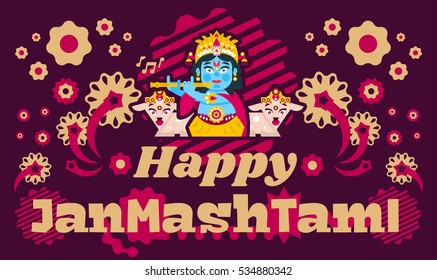 Creative illustration of an invitation to the celebration, banner, poster for the Indian festival of Janmashtami. Lord Krishna playing flute in jewelry. Goats animals. Flat style 