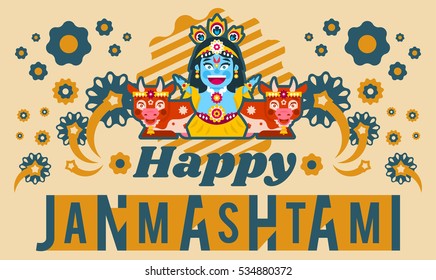 Creative illustration of an invitation to the celebration, banner, poster for the Indian festival of Janmashtami. Lord Krishna sitting in the lotus position in jewelry. Cows animals. Flat style 