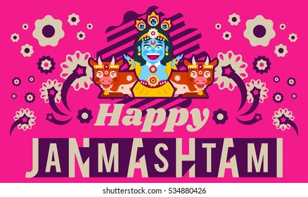 Creative illustration of an invitation to the celebration, banner, poster for the Indian festival of Janmashtami. Lord Krishna sitting in the lotus position in jewelry. Cows animals. Flat style 