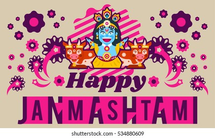 Creative illustration of an invitation to the celebration, banner, poster for the Indian festival of Janmashtami. Lord Krishna sitting in the lotus position in jewelry. Cows animals. Flat style 