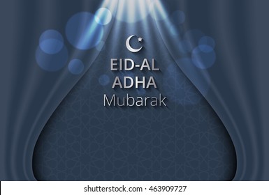 Creative illustration of islam pattern on open curtain background,Festival of Sacrifice, Eid-Al-Adha Mubarak.