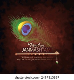 creative Illustration of Janmashtami Hand Lettering with lord krishna flute(bansuri) on creative Background.