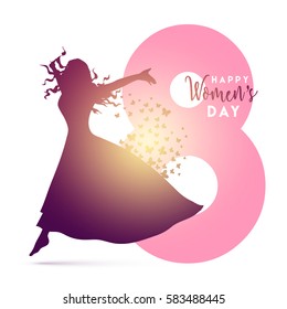 Creative illustration of jumping girl with butterflies for 8 March, Happy Women's Day celebration.