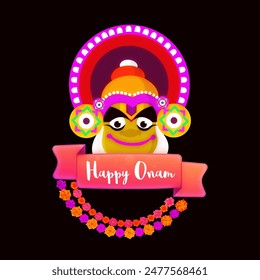 Kreative Illustration von Kathakali Tänzergesicht auf schwarzem Hintergrund für Happy Onam Celebration.