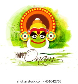 Creative illustration of Kathakali Dancer Face on abstract background for South Indian Festival, Happy Onam celebration.
