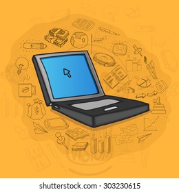 Creative illustration of a laptop with various business infographic elements on orange background.
