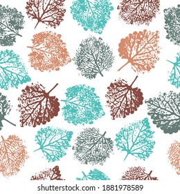 creative illustration. Leaf paint imprints. hand drawn boho spring seamless pattern.