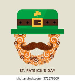 Creative illustration of Leprechaun Face with big moustache and hat for Happy St. Patrick's Day celebration.