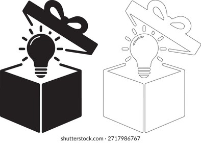 Una ilustración creativa de ideas de bombillas que surgen de las cajas de regalo, una llena y otra delineada, que simbolizan la innovación y la inspiración sobre un fondo blanco puro.