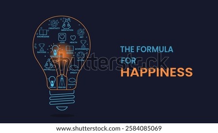 A creative illustration of a lightbulb filled with symbols representing the key elements that lead to happiness, including love, health, success, and creativity.