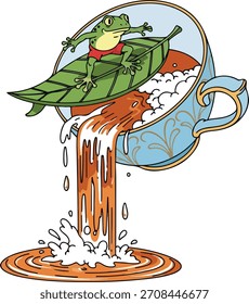 Creative illustration of a lizard relaxing on a mug with water flowing like a waterfall. Unique concept for fantasy themes, creative artwork, and character illustration.