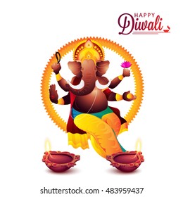 Creative illustration of Lord Ganesha with illuminated Oil Lamps (Diya) on white background for Indian Festival of Lights, Happy Diwali celebration.