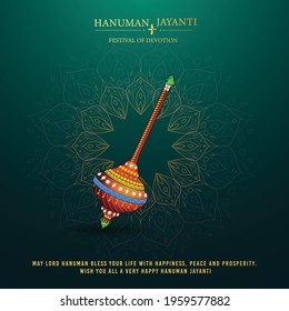 Creative illustration of Lord Hanuman weapon (Gada) with Text happy hanuman jayanti , Indian Festival concept. - Vector