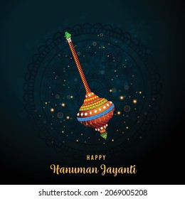 Creative illustration of Lord Hanuman weapon (Gada) with Text happy hanuman jayanti , Indian Festival concept. - Vector