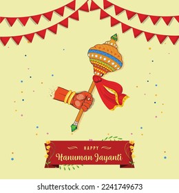 Creative illustration of Lord Hanuman weapon (Gada) with Text happy hanuman jayanti , Indian Festival concept. - Vector