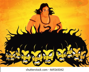 Creative illustration of Lord Rama and Angry Ravana with ten heads on shiny yellow background for Indian Festival, Happy Dussehra celebration.