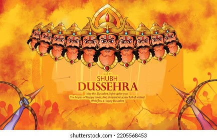 Creative illustration of Lord Rama holding Bow and Arrow for hindu festival Dussehra  killing ravana. .
