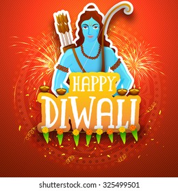 Creative illustration of Lord Rama on fireworks decorated background for Indian Festival of Lights, Happy Diwali celebration.