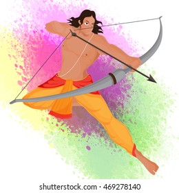 Creative illustration of Lord Rama taking aim with bow and arrow on colour splash background for Indian Festival, Happy Dussehra celebration.