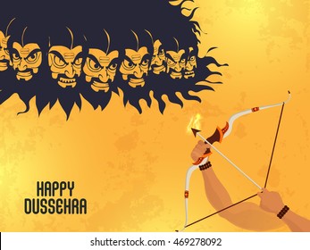 Ilustração criativa de Mão de Senhor Rama matando Ravana para Festival Indiano, celebração Dussehra feliz.