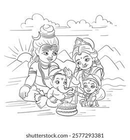 Creative illustration of Lord Shiva with his family—Ganesha, Kartikeya, and Goddess Parvati sitting together  as family