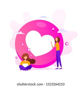 Creative illustration of love emoticons shape with little girls using a computer on a pink background. Happy birthday, greeting card, banner and poster.