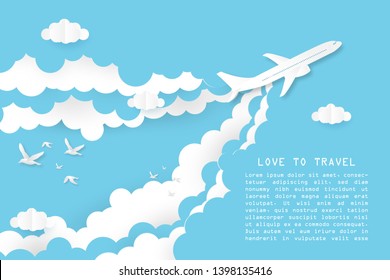 Creative illustration love to travel concept. Airplane flying on blue and white clouds with bird and space. Paper art paper cut style. Website template and banner for promotion or advertising  poster.