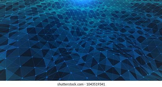 Creative illustration with  low poly connection structure . Abstract polygonal space. Global network connection. Broken futuristic wireframe . Vector science and technology background .