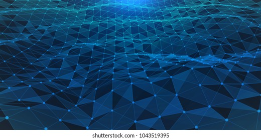 Creative illustration with  low poly connection structure . Abstract polygonal space. Global network connection. Broken futuristic wireframe . Vector science and technology background .