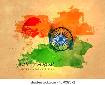 Creative illustration of Mahatma Gandhi Face and Ashoka Wheel on Saffron and Green abstract background, Vintage Poster, Banner or Flyer design for 15th of August, Indian Independence Day celebration.