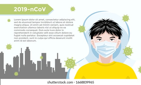 Ilustración creativa de un hombre en la ciudad con mascarilla médica para evitar virus a su alrededor. persuada a la gente a usar máscaras al aire libre porque el coronavirus Novel (2019-nCoV). diseño de afiches o pancartas