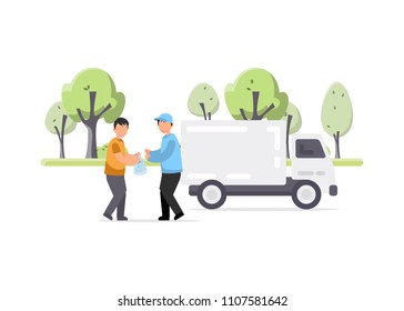 Creative illustration of man gives plastic garbage to a special employee for processing