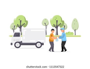 Creative illustration of man gives plastic garbage to a special employee for processing