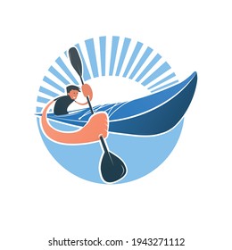 Creative illustration of a man in a kayak holding a paddle in his hands on a transparent background. Vector flat design symbol of wild kayaking and canoeing. Web icon of water sports transport.