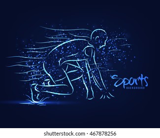 Ilustración creativa de un hombre listo para iniciar la carrera, brillante fondo deportivo azul, puede ser usado como afiche, cartel o diseño de volante.