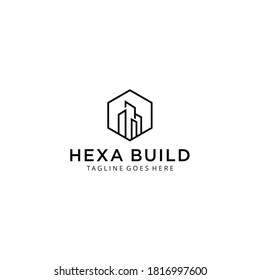 Creative Illustration Modern city building Real Estate and Construction Logo design on hexagon sign