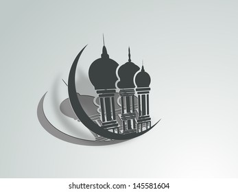Creative illustration of mosque with crescent moon for occasion of muslim community festival Eid Mubarak.