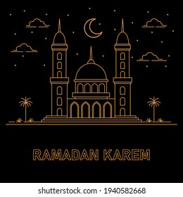 Ilustración creativa de una mezquita en estilo de línea. fondo negro aislado