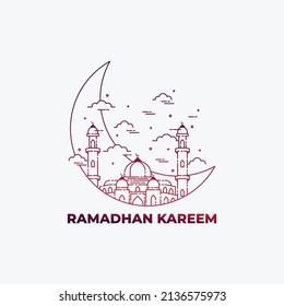 Creative Illustration of a Mosque and moon in line art style. Ramadhan Kareem design. Ramadhan Kareem background, celebration