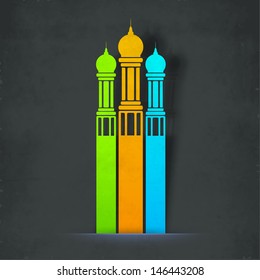 Creative illustration of mosque on abstract grey background for Muslim community festival Eid Mubarak.