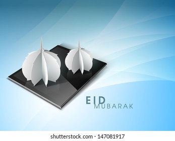 Kreative Illustration der Moschee auf glänzendem, blauen Hintergrund für das muslimische Gemeindefestival Eid Mubarak.