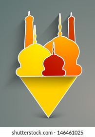 Creative illustration of mosque with space for your message on occasion of muslim community festival Eid Mubarak.