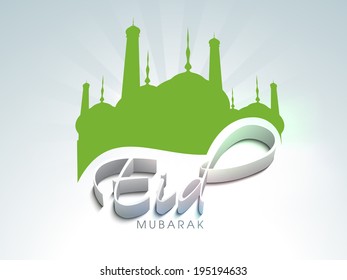 Creative illustration of a mosque and stylish text Eid Mubarak on grey background for the celebration of Muslim community festival.