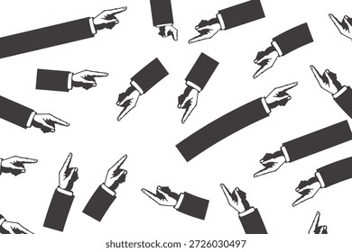 Una ilustración creativa de múltiples manos en atuendo de negocios que apuntan en diferentes direcciones, transmitiendo orientación y liderazgo. Muchas manos en atuendo de negocios que apuntan dedos en diferentes direcciones