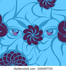 Creative illustration with a mysterious violet eyes and flowers, blue leaves. Hand-drawn design for fashion, beauty, tattoo, clothing