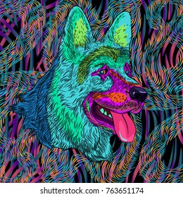 creative illustration for a new 2018 year of dog with stylized shepherd, sheep-dog head on colorful background